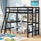 Twin Size Loft Bed with Desk, Shelf & 2 Ladders – White / Espresso / Grey, 1-Person