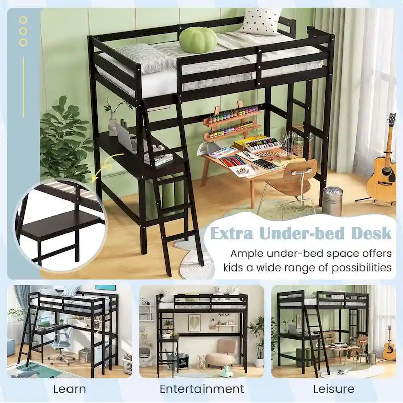 Twin Size Loft Bed with Desk, Shelf & 2 Ladders – White / Espresso / Grey, 1-Person