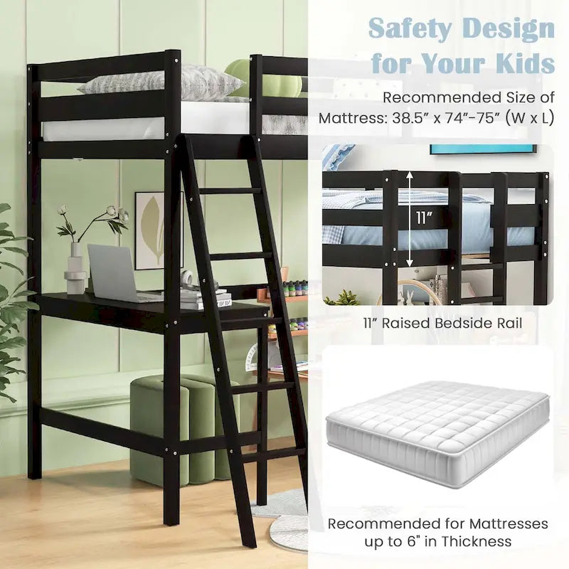 Twin Size Loft Bed with Desk, Shelf & 2 Ladders – White / Espresso / Grey, 1-Person
