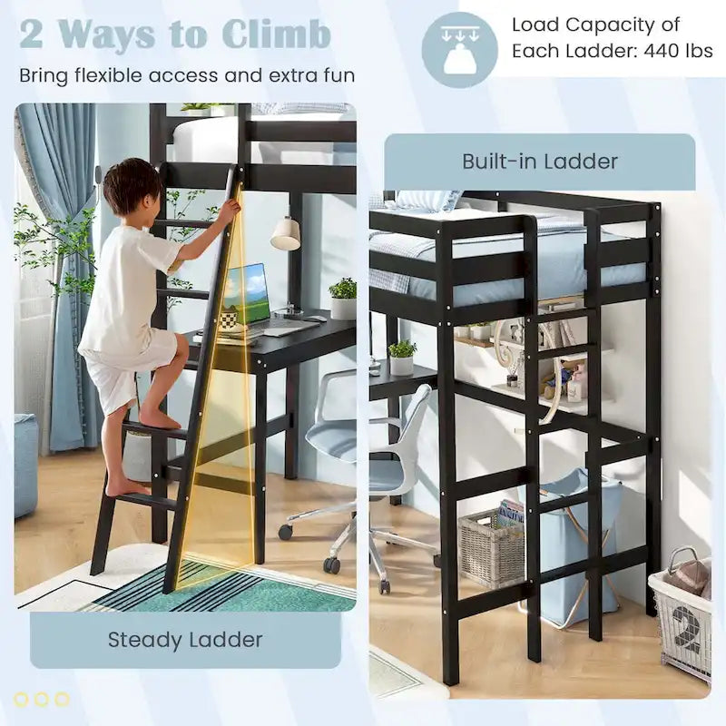 Twin Size Loft Bed with Desk, Shelf & 2 Ladders – White / Espresso / Grey, 1-Person