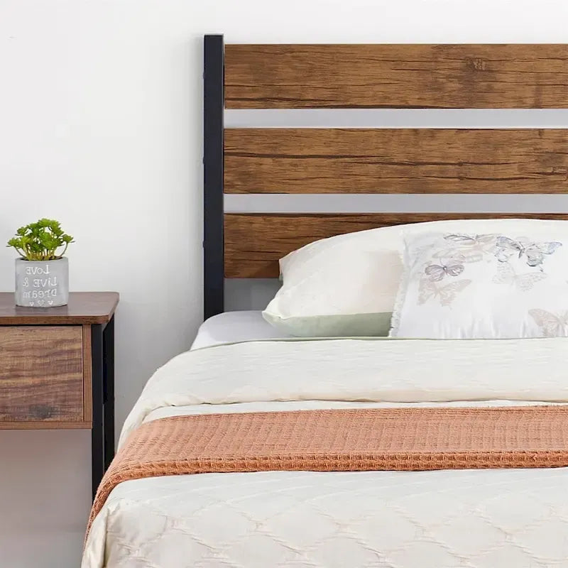Brown & Black Industrial Platform Bed Frame with Wood Headboard – Full/Twin/Queen, 1–2 Person