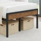 Brown & Black Industrial Platform Bed Frame with Wood Headboard – Full/Twin/Queen, 1–2 Person