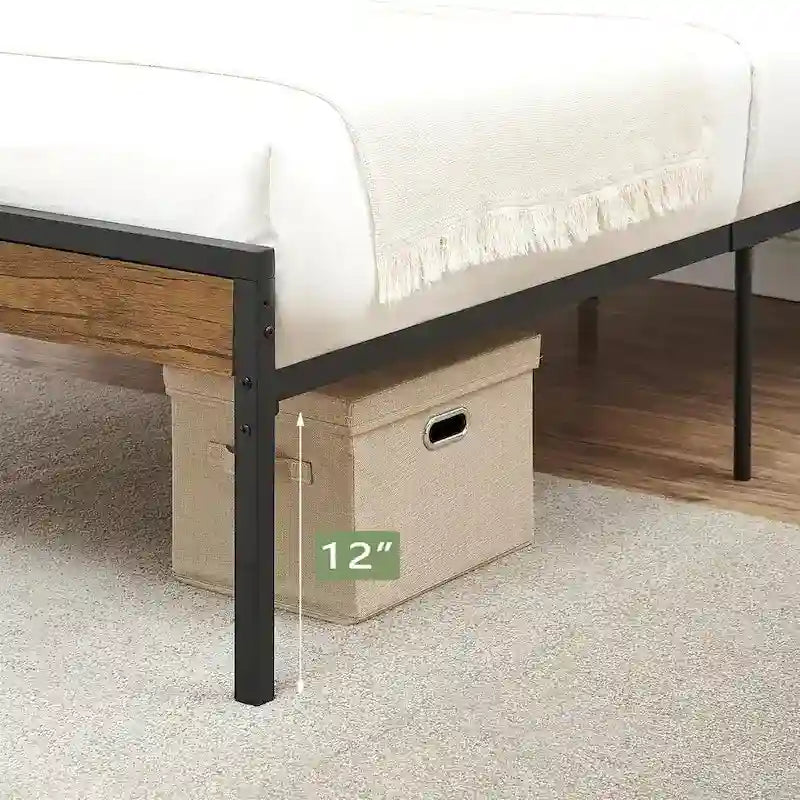 Brown & Black Industrial Platform Bed Frame with Wood Headboard – Full/Twin/Queen, 1–2 Person
