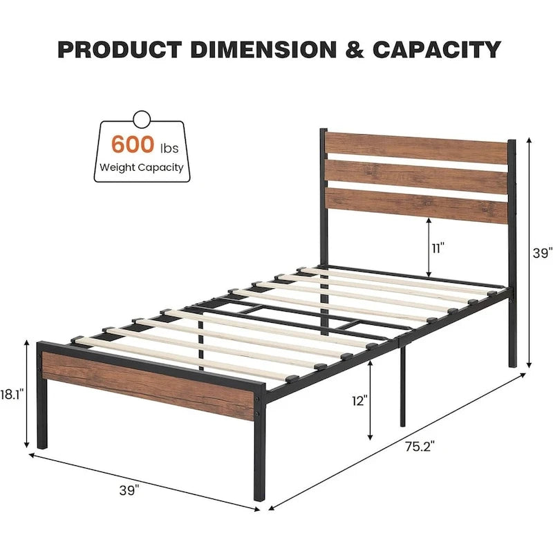 Brown & Black Industrial Platform Bed Frame with Wood Headboard – Full/Twin/Queen, 1–2 Person