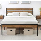 Brown & Black Industrial Platform Bed Frame with Wood Headboard – Full/Twin/Queen, 1–2 Person