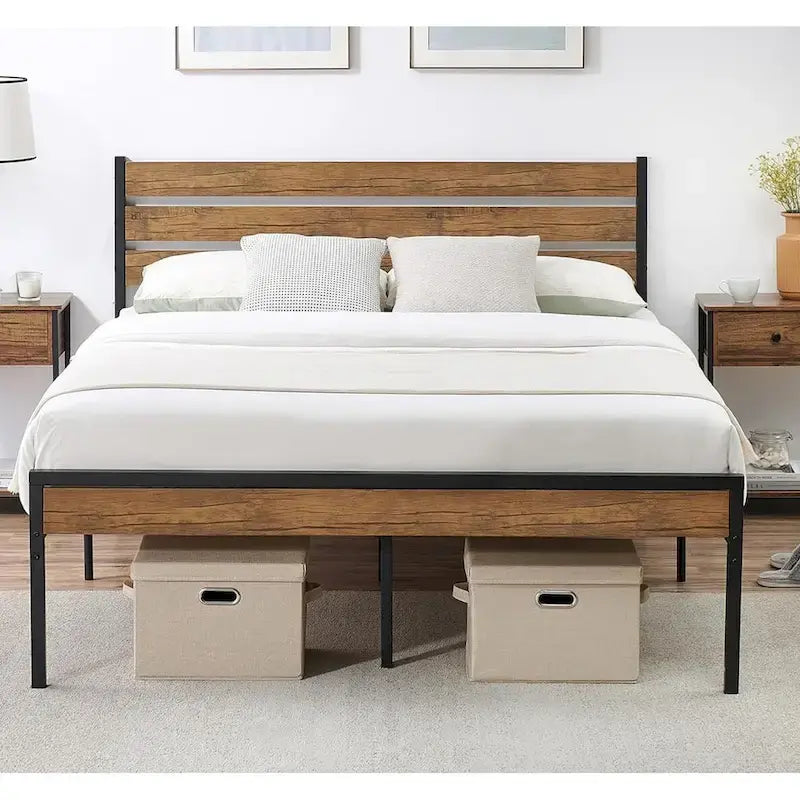 Brown & Black Industrial Platform Bed Frame with Wood Headboard – Full/Twin/Queen, 1–2 Person