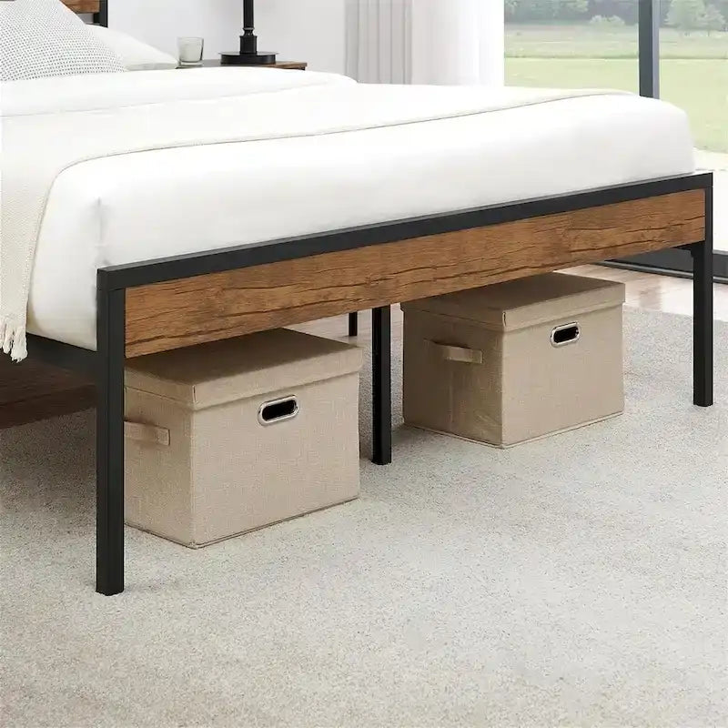 Brown & Black Industrial Platform Bed Frame with Wood Headboard – Full/Twin/Queen, 1–2 Person