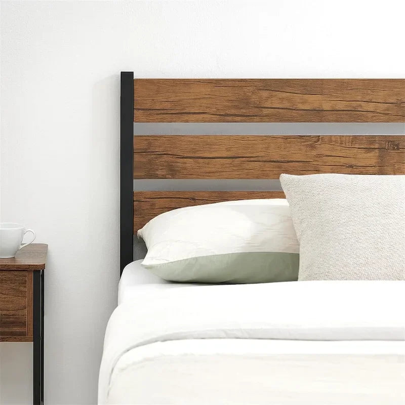 Brown & Black Industrial Platform Bed Frame with Wood Headboard – Full/Twin/Queen, 1–2 Person