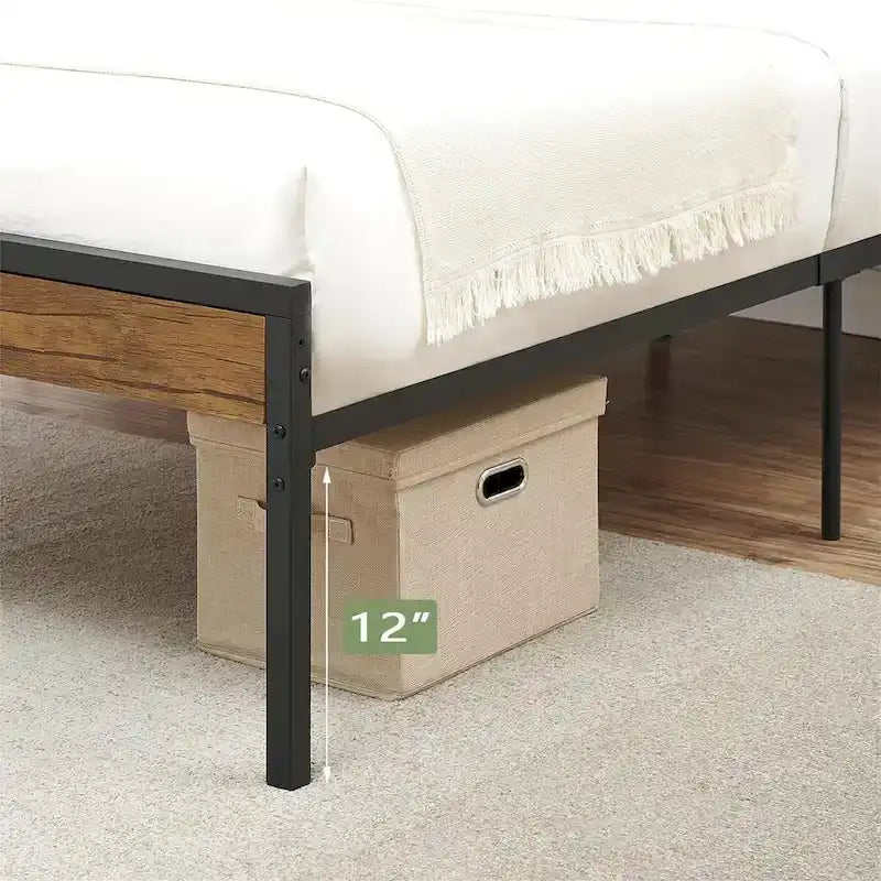 Brown & Black Industrial Platform Bed Frame with Wood Headboard – Full/Twin/Queen, 1–2 Person