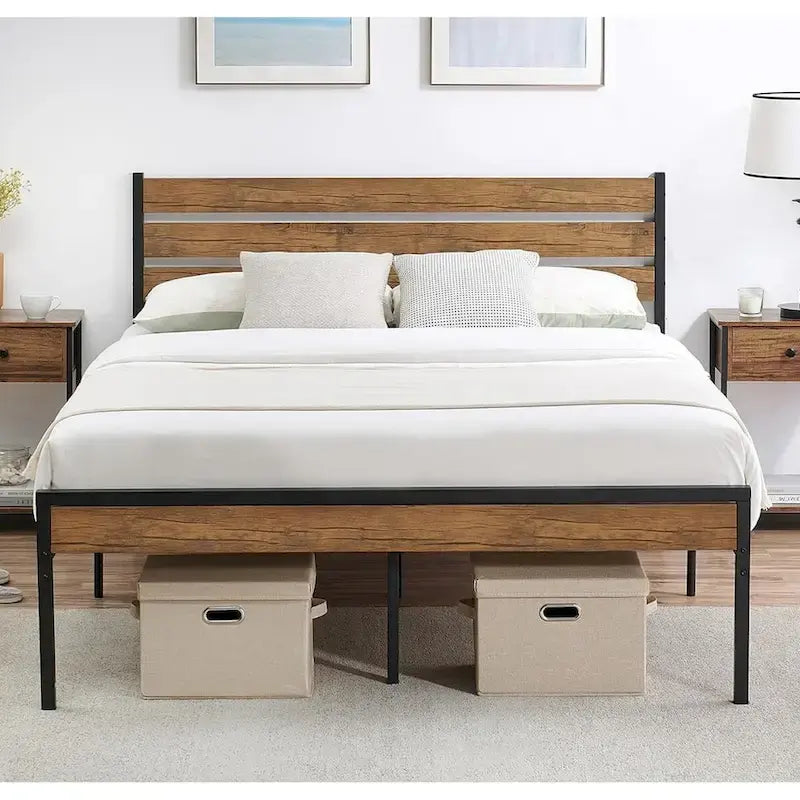 Brown & Black Industrial Platform Bed Frame with Wood Headboard – Full/Twin/Queen, 1–2 Person