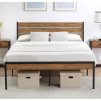 Brown & Black Industrial Platform Bed Frame with Wood Headboard – Full/Twin/Queen, 1–2 Person