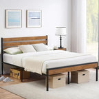 Brown & Black Industrial Platform Bed Frame with Wood Headboard – Full/Twin/Queen, 1–2 Person