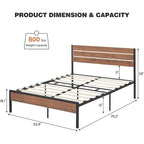 Brown & Black Industrial Platform Bed Frame with Wood Headboard – Full/Twin/Queen, 1–2 Person