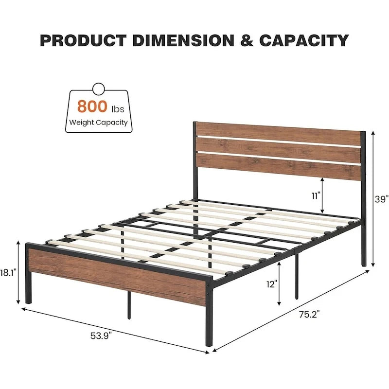 Brown & Black Industrial Platform Bed Frame with Wood Headboard – Full/Twin/Queen, 1–2 Person