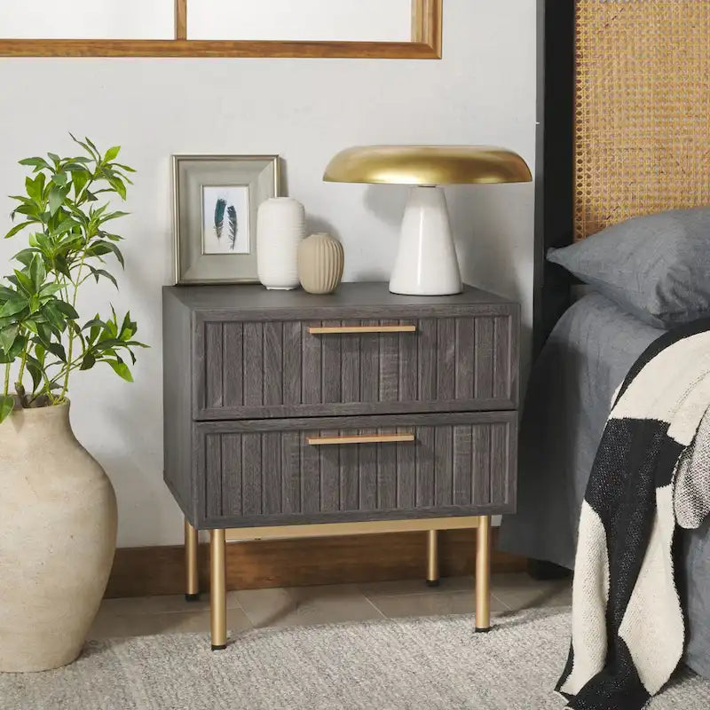 Oak/Black 2-Drawer Nightstand with Metal Legs