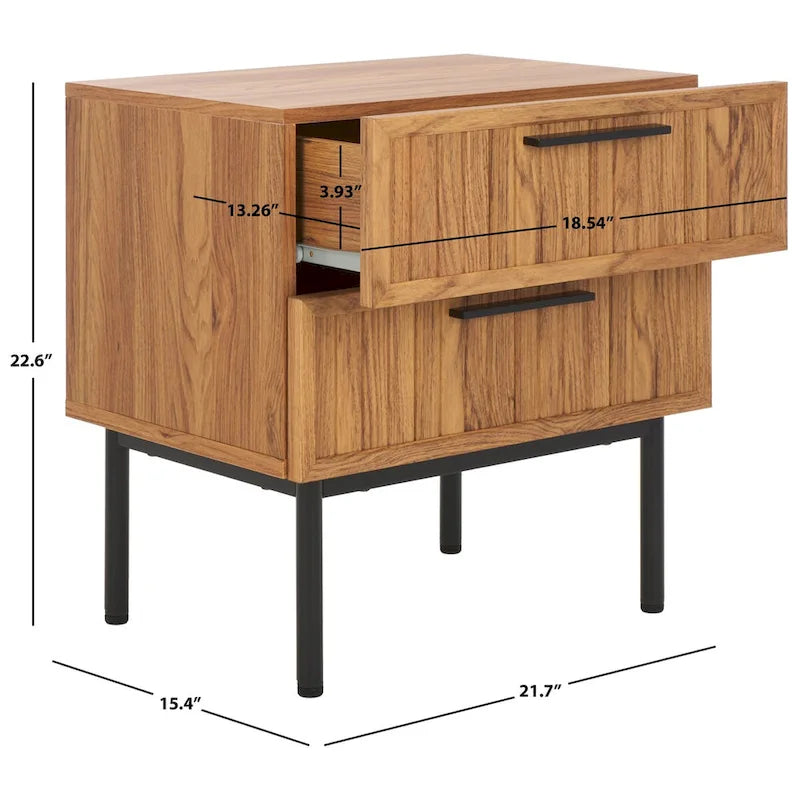 Oak/Black 2-Drawer Nightstand with Metal Legs