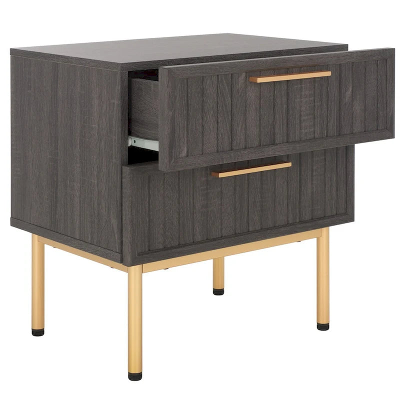 Oak/Black 2-Drawer Nightstand with Metal Legs