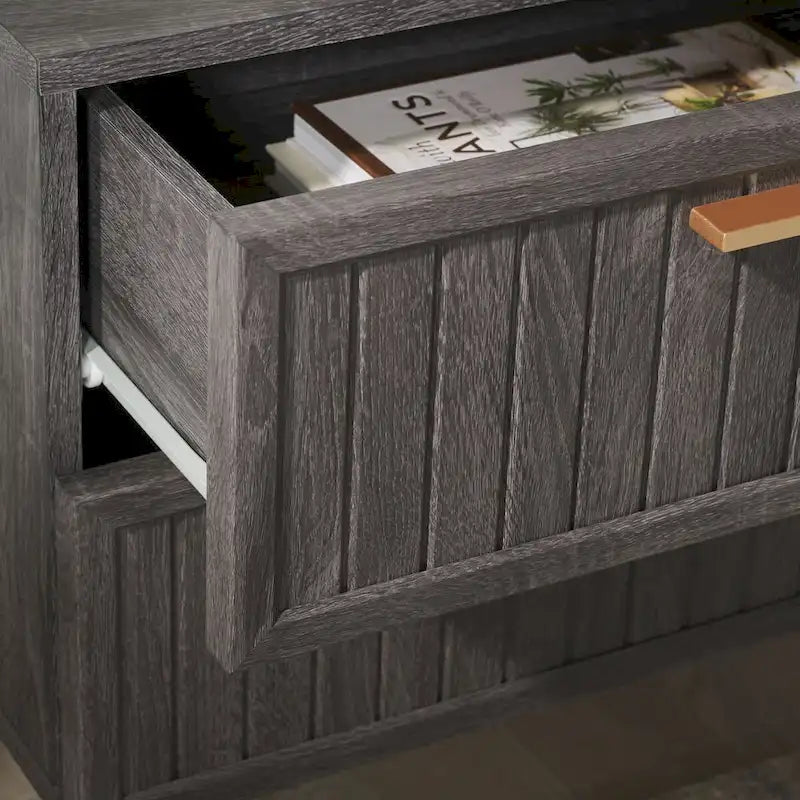 Oak/Black 2-Drawer Nightstand with Metal Legs
